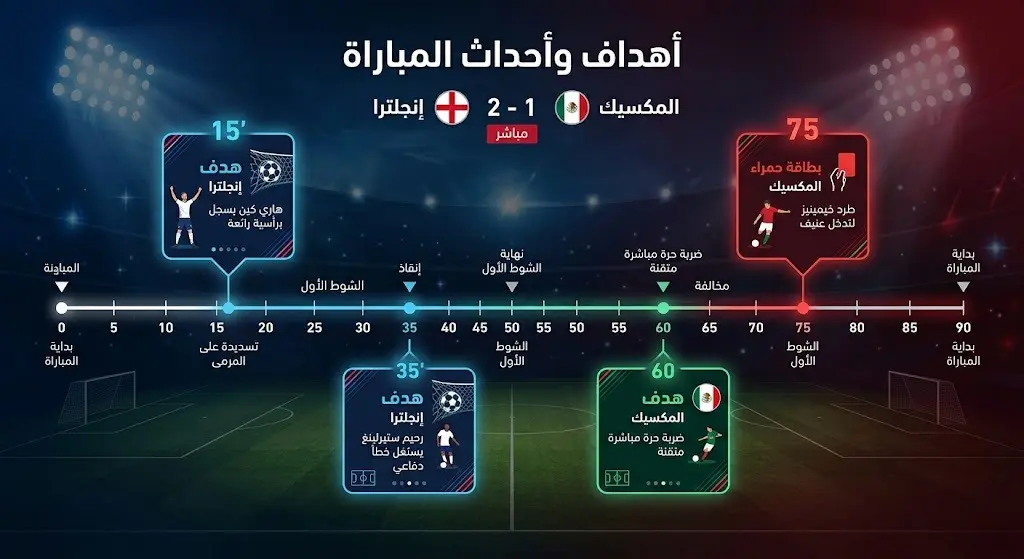 إنفوجرافيك يوضح التسلسل الزمني لأهداف وأحداث مباراة إنجلترا والمكسيك في دور الـ 16 من كأس العالم 2026، متضمناً الأهداف والبطاقة الحمراء.