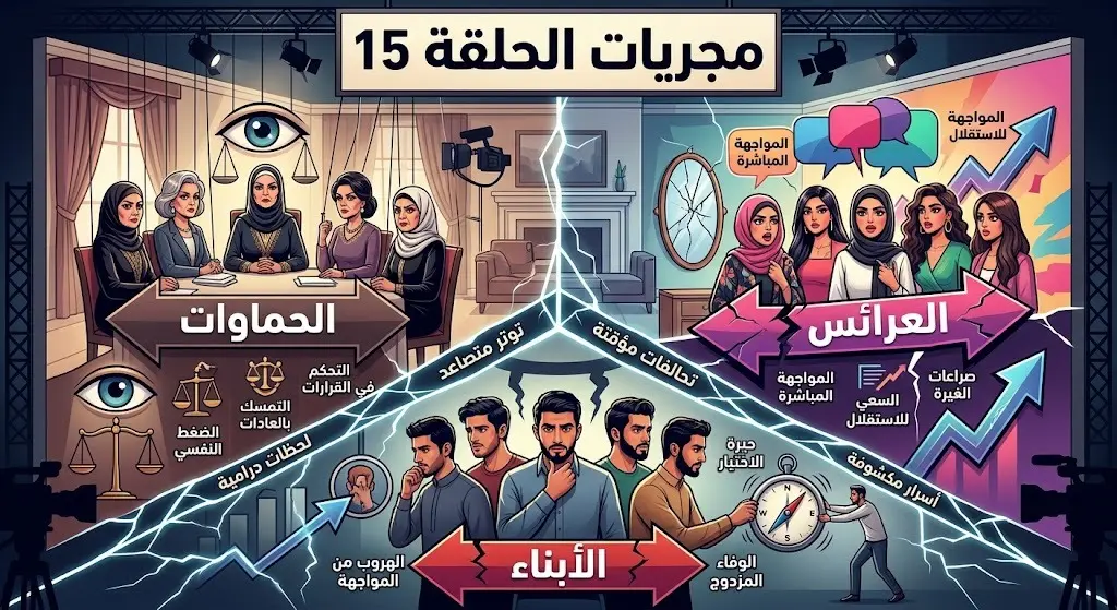 رسم تعبيري يوضح تصاعد التحديات والتحالفات بين الأمهات والفتيات والأبناء في الحلقة 15 من برنامج قسمة ونصيب.