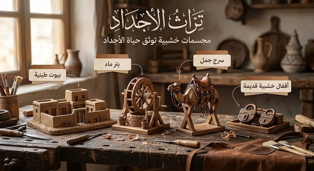 صورة فنية تظهر مجسمات خشبية مصغرة متقنة الصنع لأدوات تراثية كالمحالة والشداد وبيوت الطين، مع إضاءة دافئة تبرز تفاصيل الخشب.