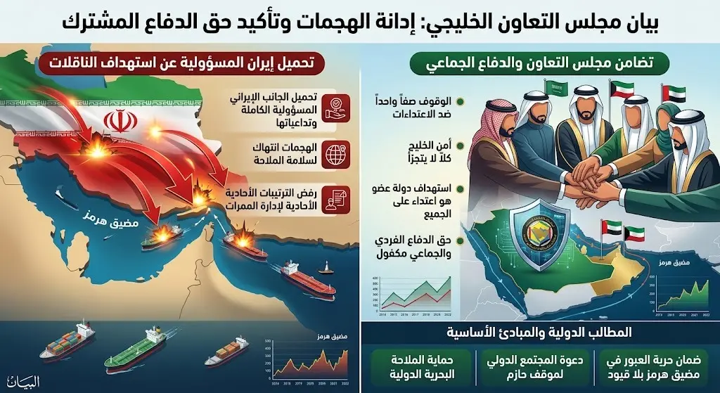 مجلس التعاون الخليجي يحمل إيران مسؤولية استهداف الناقلات في مضيق هرمز ويؤكد حقه في الدفاع المشترك