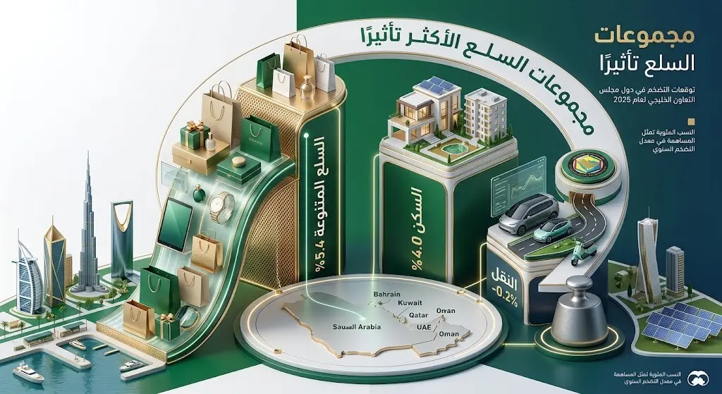 إنفوجرافيك يوضح نسب التغير في مجموعات السلع والخدمات المؤثرة على التضخم في دول الخليج لعام 2025، مبرزاً قطاعات السلع المتنوعة والسكن والنقل.