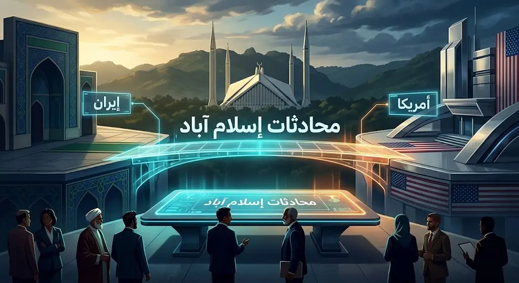 رسم تعبيري يجسد طاولة محادثات دبلوماسية متطورة ترمز لجهود الوساطة بين الولايات المتحدة وإيران في باكستان.