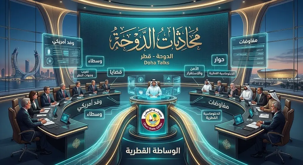 رسم تعبيري يجسد اللقاءات الدبلوماسية غير المباشرة في الدوحة عبر وسطاء، مع نصوص عربية توضيحية.
