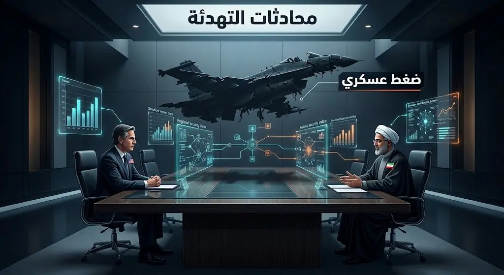 تصميم تعبيري وإنفوجرافيك يجسد طاولة مفاوضات دبلوماسية تظللها طائرة حربية مدمرة، يعكس المحادثات بين طهران وواشنطن تحت الضغط العسكري.