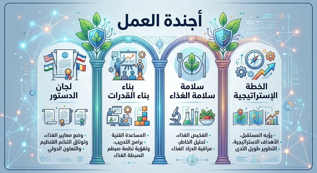 إنفوجرافيك يوضح محاور اجتماع الدورة التاسعة والأربعين لهيئة الدستور الغذائي وأجندة العمل.