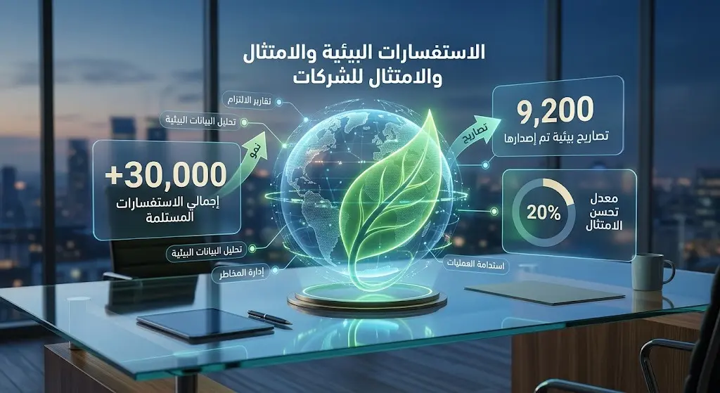 إنفوجرافيك ثلاثي الأبعاد يعرض إحصائيات الاستفسارات والتصاريح البيئية بأرقام مضيئة وتصميم عصري يعكس الامتثال البيئي.