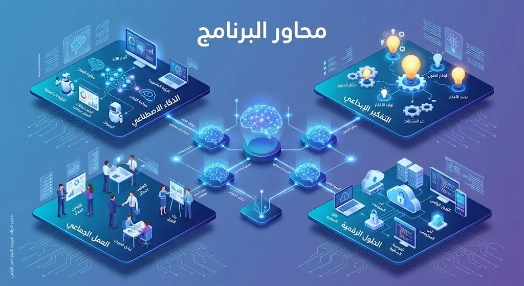 إنفوجرافيك عصري ثلاثي الأبعاد يستعرض محاور معسكر الذكاء الاصطناعي، متضمناً تطبيقات الذكاء، التفكير الإبداعي، العمل الجماعي، والحلول الرقمية بتصميم تقني جذاب.