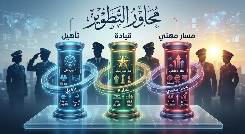تصميم بصري يستعرض المحاور الثلاثة لتأهيل ضباط المستقبل: التأهيل الأكاديمي، القيادة، والمسار المهني الاحترافي.
