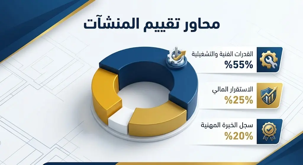 إنفوجرافيك احترافي يعرض محاور تقييم مقاولي البنية التحتية، مبيناً نسبة 55% للقدرات الفنية، 25% للاستقرار المالي، و20% لسجل الخبرة المهنية.