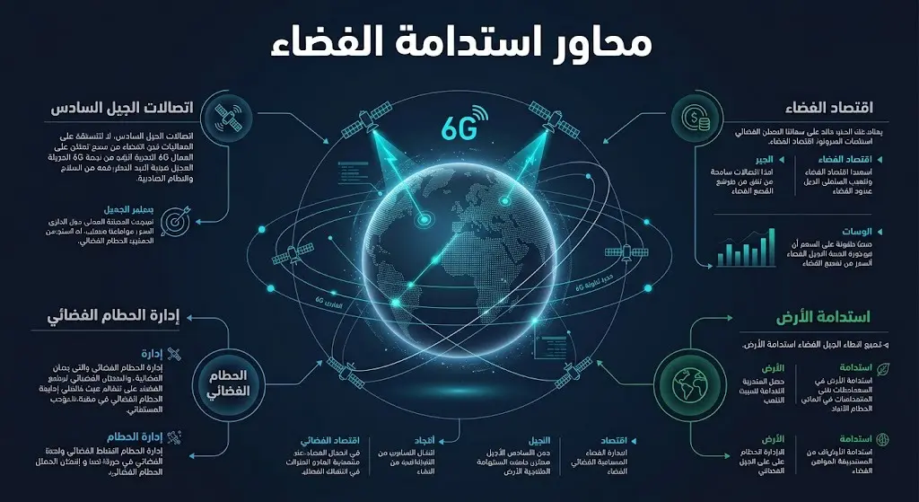 إنفوجرافيك تفصيلي يستعرض المحاور الرئيسية للحدث العالمي للاتصال والاستدامة الفضائية بالرياض، يظهر مجسم الأرض وشبكات الاتصال الحديثة ونصوصاً توضيحية باللغة العربية.