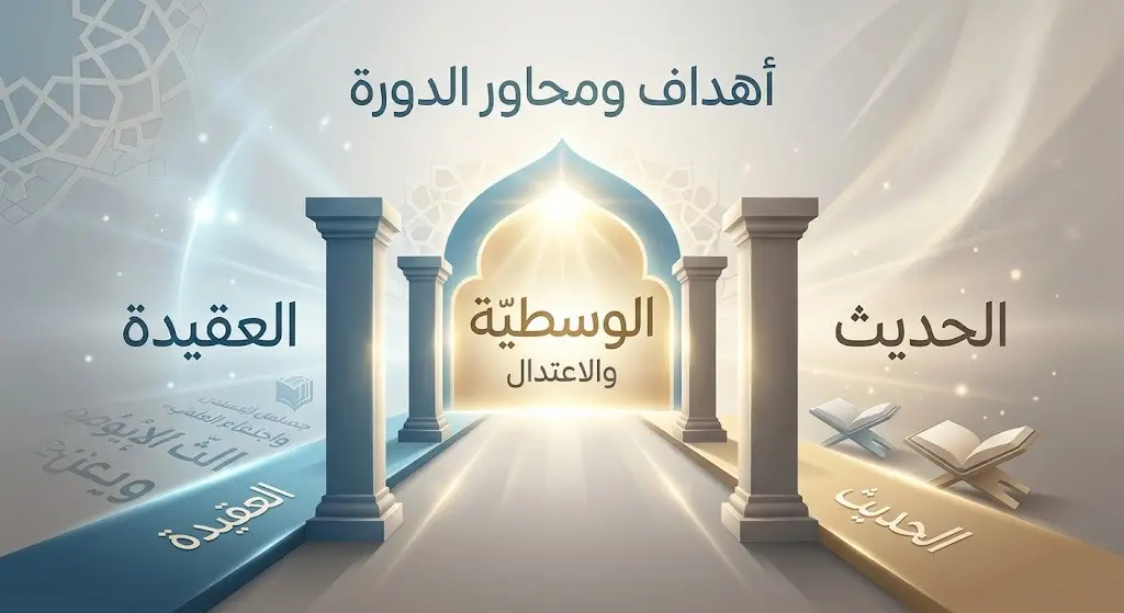 تصميم بصري يستعرض المحاور الرئيسية للدورة متمثلة في علوم العقيدة والحديث لتعزيز منهج الوسطية