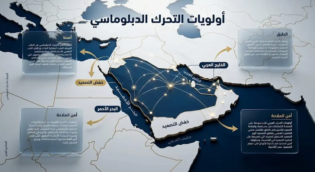 تصميم إنفوجرافيك يبرز أولويات التحرك الدبلوماسي وأهمية حماية الملاحة البحرية في البحر الأحمر والخليج العربي.