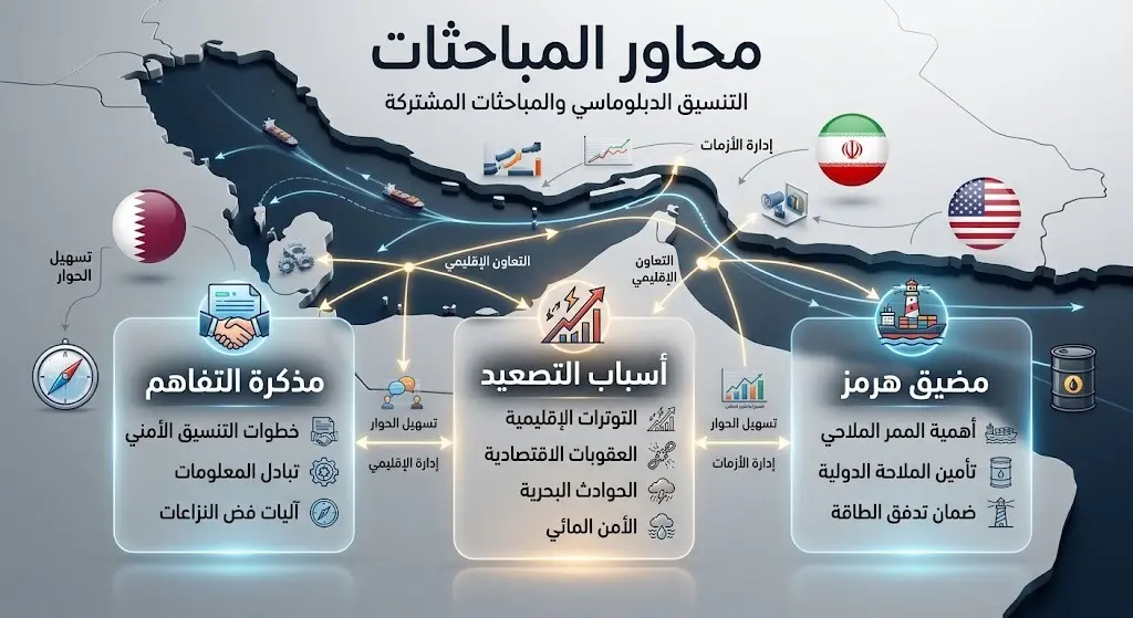 تصميم إنفوجرافيك يوضح محاور المباحثات الدبلوماسية والتنسيق المشترك لتهدئة التوتر في مضيق هرمز ومناقشة مذكرة التفاهم.