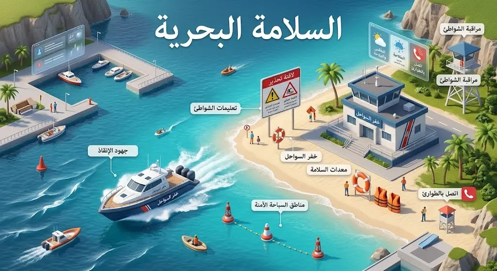 تصميم إنفوجرافيك يوضح محاور السلامة البحرية وتوجيهات حرس الحدود لمرتادي الشواطئ.