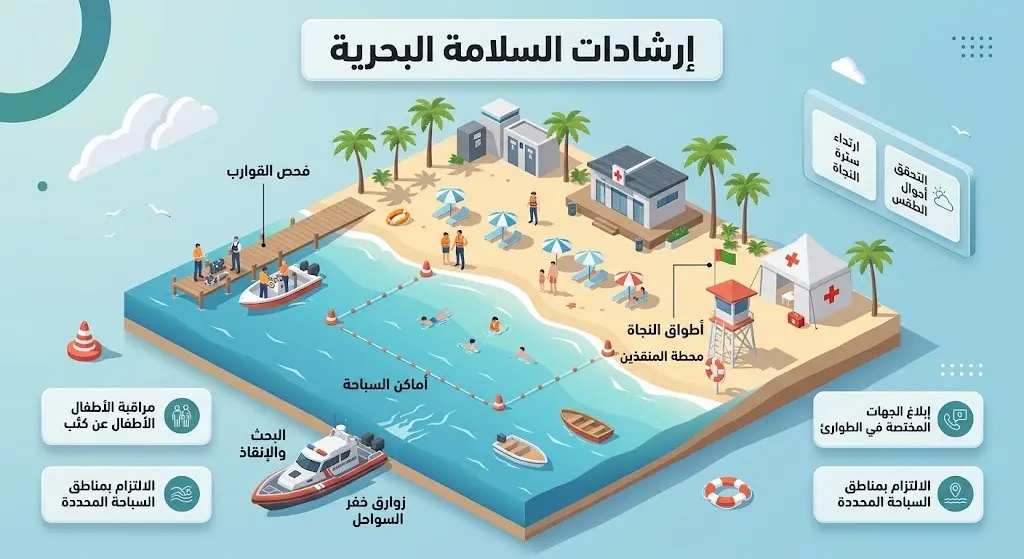 إنفوجرافيك يوضح إرشادات السلامة البحرية وتوجيهات حرس الحدود لمرتادي الشواطئ بما في ذلك فحص القوارب والالتزام بأماكن السباحة المخصصة