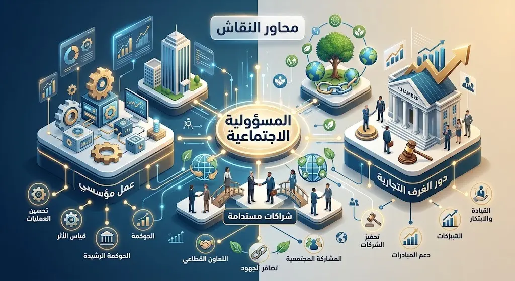 تصميم مفاهيمي إبداعي يستعرض محاور النقاش الرئيسية للملتقى مثل الشراكات المستدامة والعمل المؤسسي.