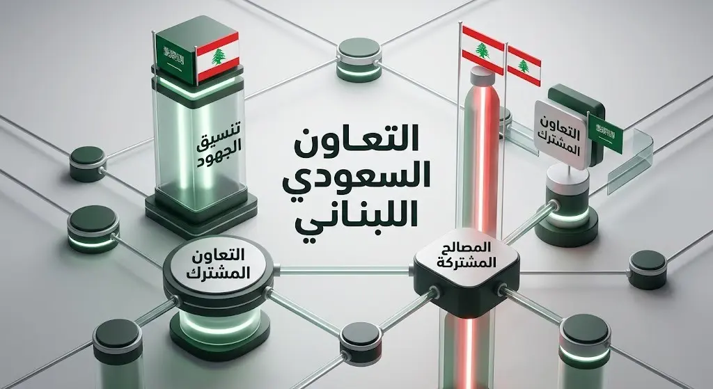 إنفوجرافيك احترافي يعرض محاور التعاون والتنسيق الثنائي بين المملكة العربية السعودية والجمهورية اللبنانية، متضمناً نصوصاً توضيحية لجهود التعاون.