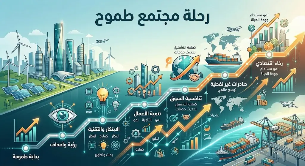 تصميم بصري إبداعي يعبر عن رحلة مجتمع طموح وتأثيره الإيجابي على الاقتصاد المحلي ونمو الصادرات من خلال شبكة من الرموز والمؤشرات الاقتصادية.