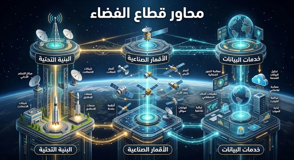 إنفوجرافيك ثلاثي الأبعاد يستعرض محاور تطوير الفضاء الثلاثة: البنية التحتية، الأقمار الصناعية، وخدمات البيانات بتصميم عصري.