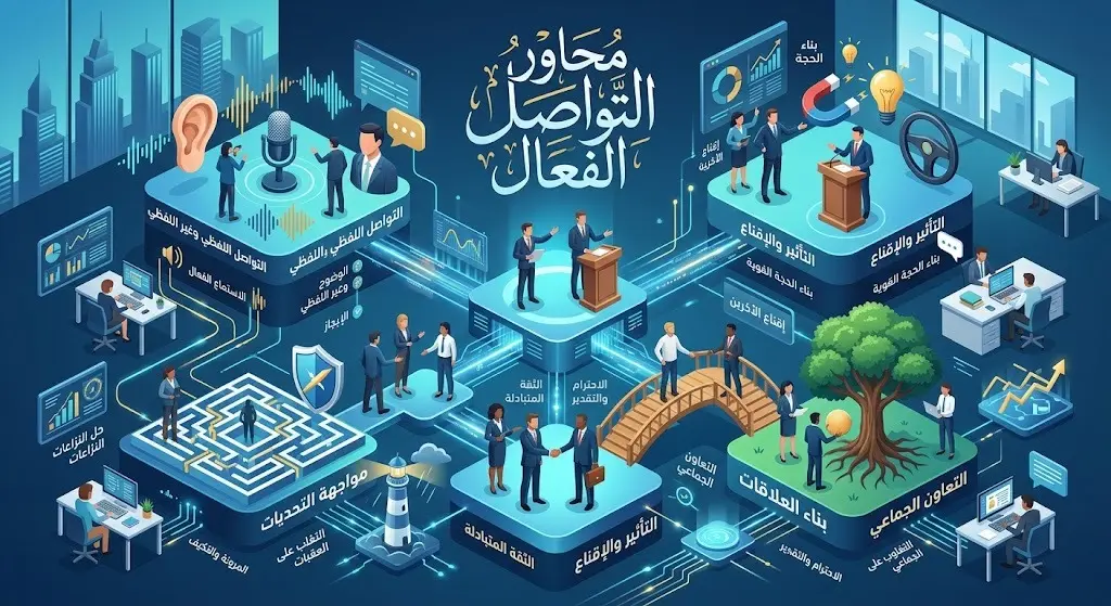 إنفوجرافيك يوضح المحاور الرئيسية لدورة مهارات التواصل الفعال في بيئة العمل بما في ذلك التأثير وبناء العلاقات.