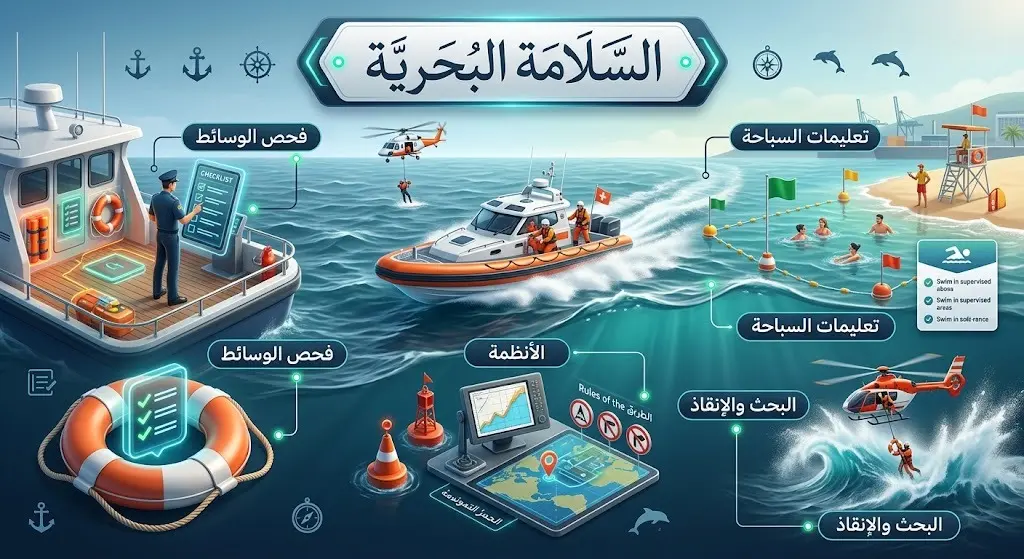 إنفوجرافيك إبداعي يستعرض محاور السلامة البحرية وتعليمات حرس الحدود لمرتادي الشواطئ