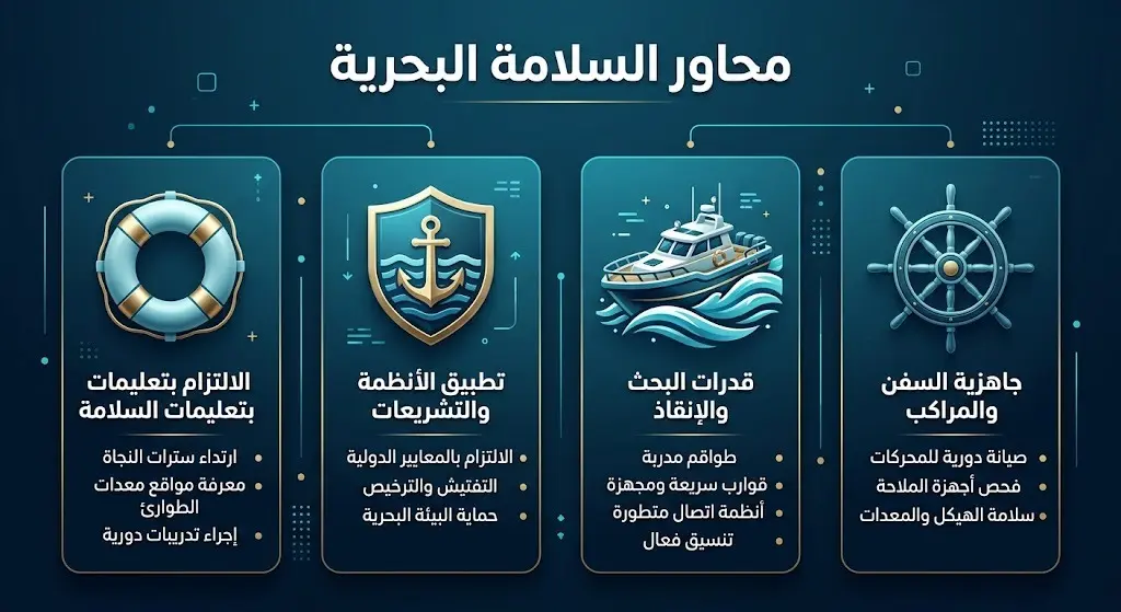 إنفوجرافيك يستعرض المحاور الأربعة لمعرض حرس الحدود التوعوي للسلامة البحرية في الدانة مول، والتي تشمل الأنظمة، إرشادات السلامة، جهود الإنقاذ، وجاهزية الوسائط البحرية.