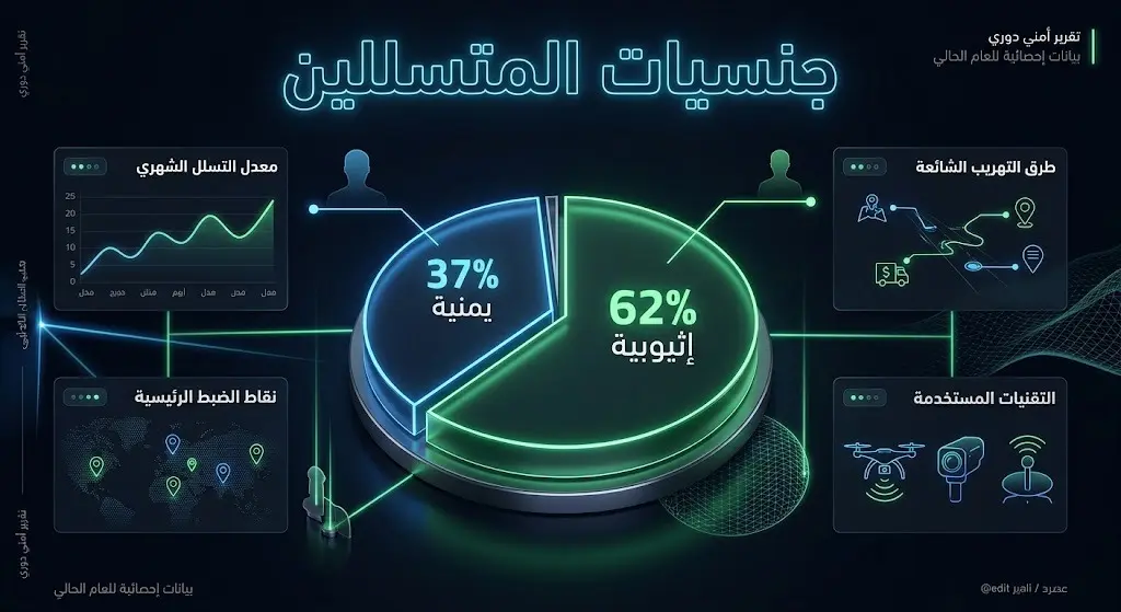 إنفوجرافيك يوضح الإحصائيات الدقيقة لنسب جنسيات المتسللين المضبوطين عبر الحدود بتصميم عصري وأرقام بارزة.