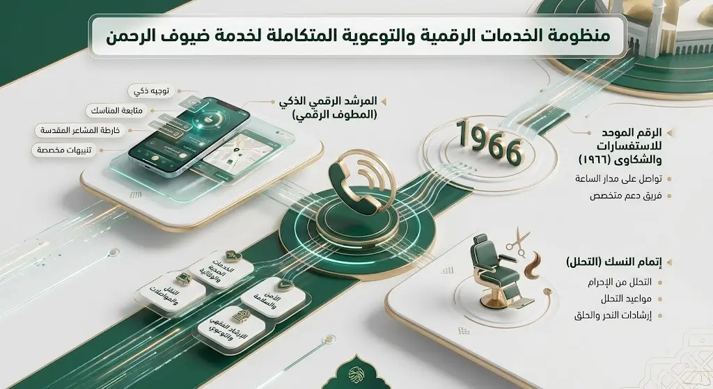 تصميم إنفوجرافيك يستعرض حزمة الخدمات التقنية في المسجد الحرام مثل المطوف الرقمي والرقم الموحد 1966.