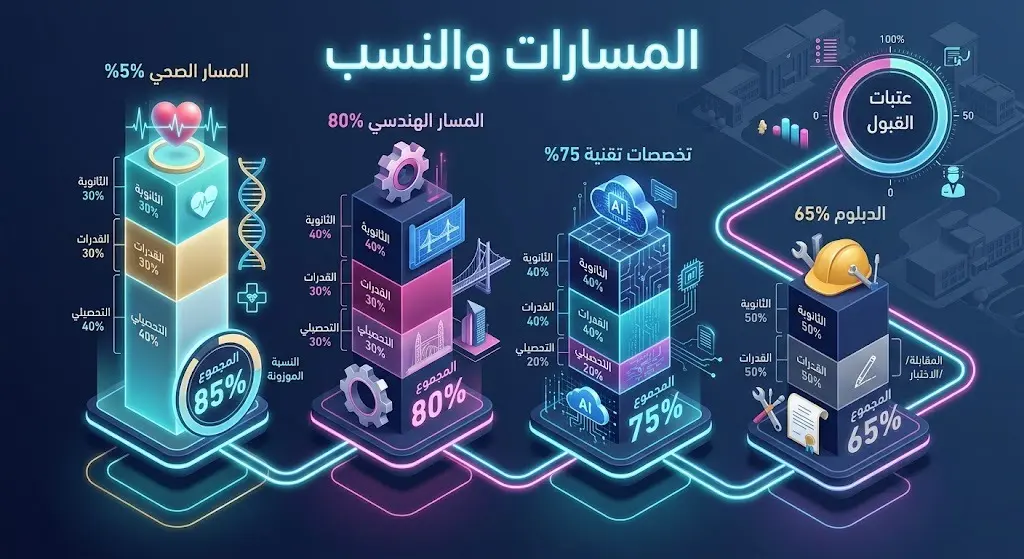 تصميم بياني إبداعي يستعرض المسارات الأكاديمية في جامعة تبوك ونسب القبول الموزونة الخاصة بكل مسار مثل المسار الصحي والهندسي والتقني.