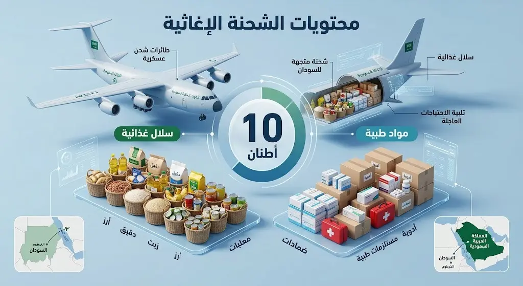 إنفوجرافيك يوضح محتويات الشحنة الإغاثية السعودية المتجهة إلى السودان، والتي تشمل 10 أطنان من السلال الغذائية والمواد الطبية.
