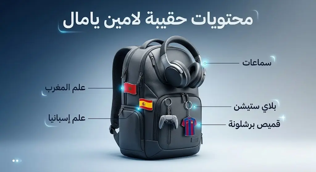 إنفوجرافيك يستعرض تفاصيل ودبابيس حقيبة لامين يامال التي تشمل علمي المغرب وإسبانيا، وحدة تحكم بلاي ستيشن، قميص برشلونة وسماعات.