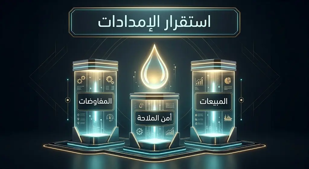 تصميم ثلاثي الأبعاد يعرض العوامل الرئيسية لتعافي إمدادات النفط، متمثلة في أعمدة متصلة تحمل قطرة نفط مضيئة وترمز للمفاوضات وأمن الملاحة.
