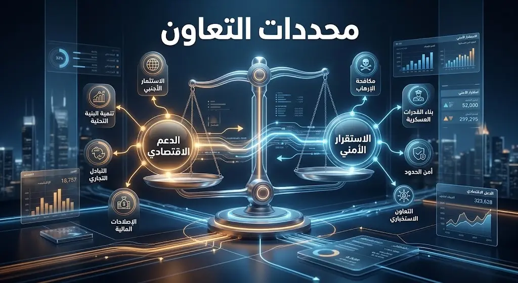 رسم إنفوجرافيك يوضح التوازن بين الشروط الأمنية والدعم الاقتصادي كأحد محددات التعاون المستقبلي بين بغداد وواشنطن.