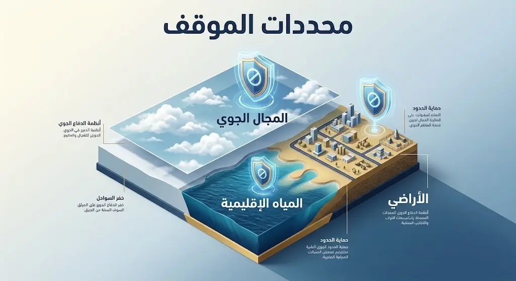 تصميم إنفوجرافيك ثلاثي الأبعاد يوضح حظر استخدام الأراضي والمجال الجوي والمياه الإقليمية الكويتية في أي عمليات عسكرية هجومية.