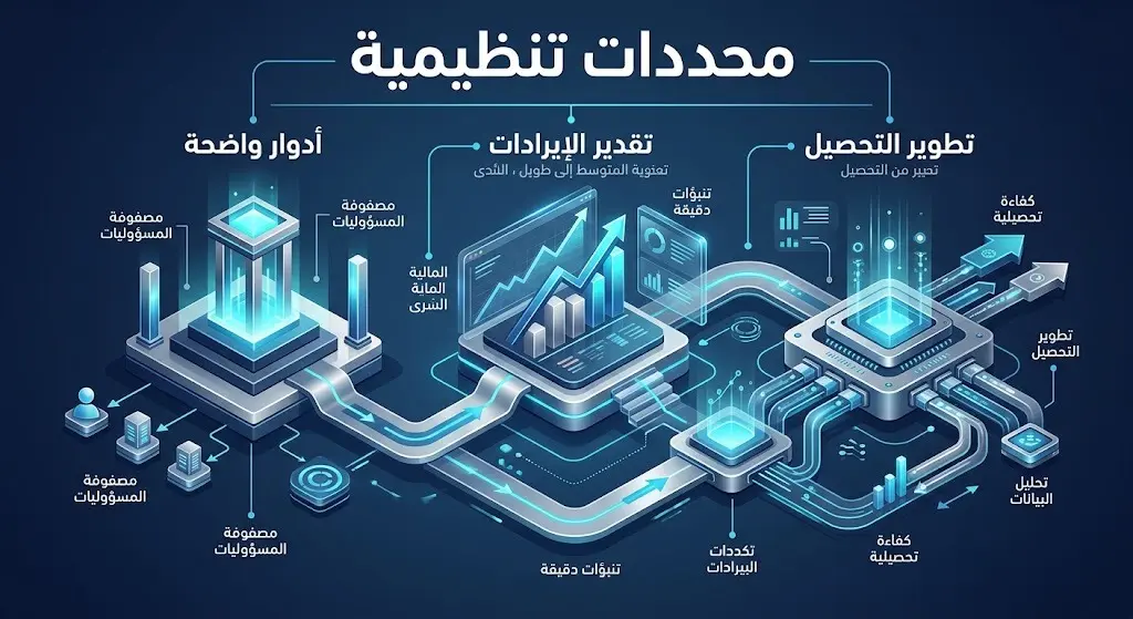 تصميم بصري يوضح المحددات التنظيمية لنظام الإيرادات، مبرزاً آليات تقدير الإيرادات، وتطوير إجراءات التحصيل، وتحديد أدوار الجهات الحكومية.