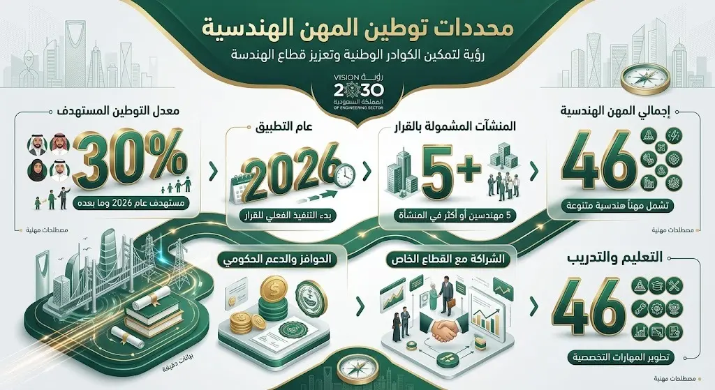 إنفوجرافيك يوضح محددات وأرقام قرار توطين المهن الهندسية في السعودية بنسبة 30%