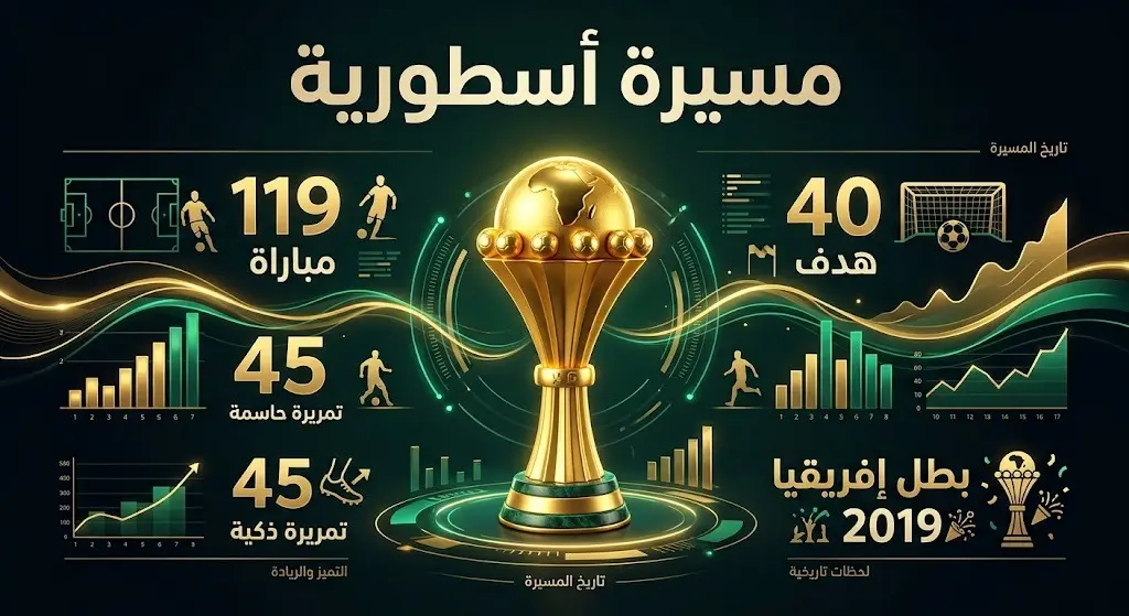 إنفوجرافيك احترافي يستعرض الأرقام القياسية والإنجازات في مسيرة رياض محرز مع منتخب الجزائر