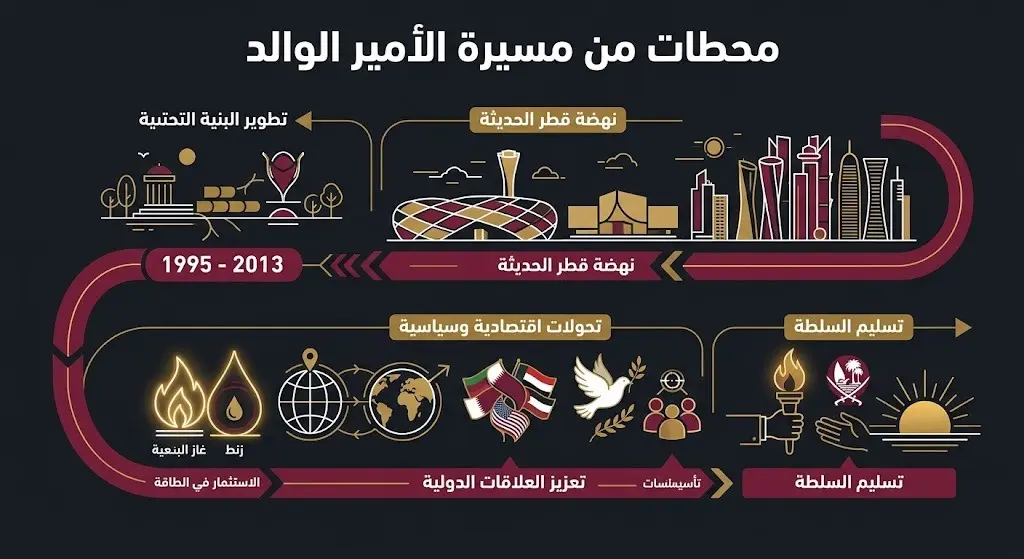 إنفوجرافيك يسلط الضوء على أبرز المحطات التاريخية والإنجازات خلال مسيرة الشيخ حمد بن خليفة آل ثاني وحكمه لدولة قطر.