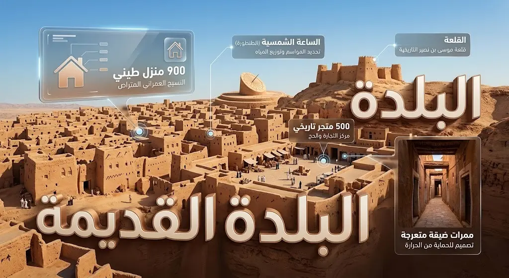 إنفوجرافيك إبداعي يبرز التكوين العمراني للبلدة القديمة في العلا مع نصوص توضيحية تشير إلى منازلها الطينية الـ 900 ومكانتها التاريخية.