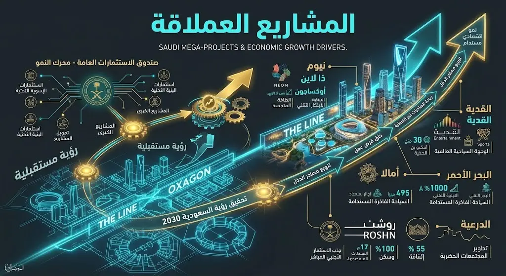 رسم إيضاحي متطور يعكس تحول المخططات الهندسية الرقمية إلى مدن ذكية ومشاريع عملاقة تمثل محفزات النمو الاقتصادي.