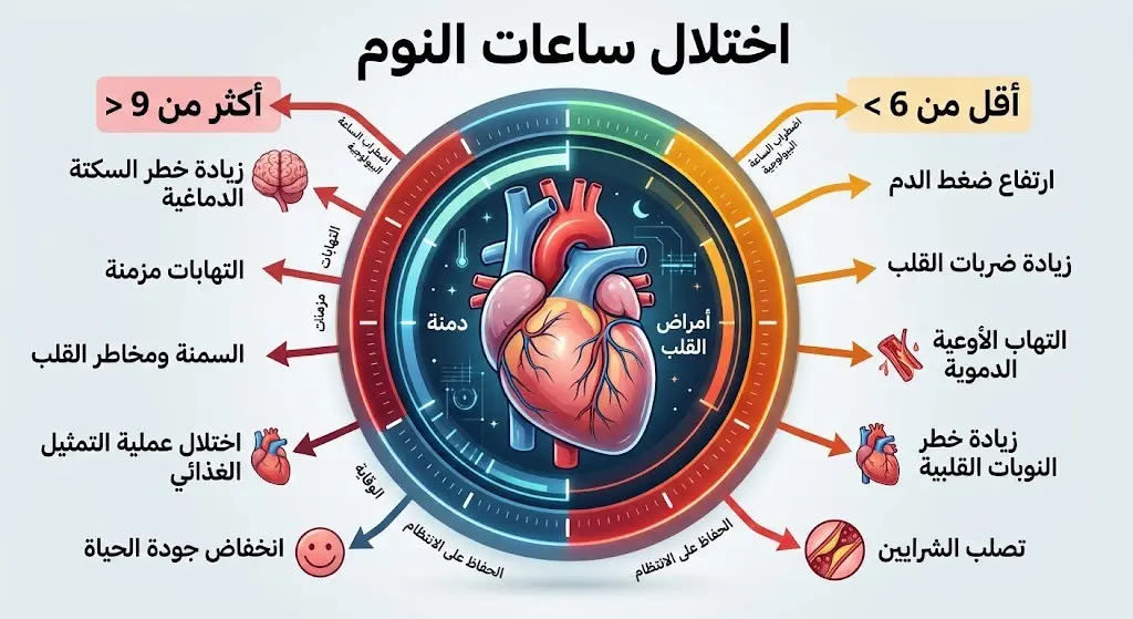 تصميم طبي بياني يبين مخاطر النوم لأقل من 6 ساعات أو أكثر من 9 ساعات على صحة القلب والدماغ.