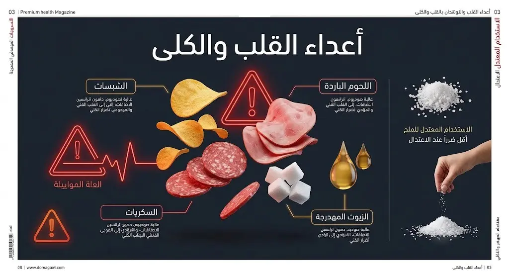 تصميم تحذيري يستعرض الأطعمة المعالجة كاللحوم الباردة والسكريات والزيوت المهدرجة بوصفها الخطر الحقيقي على الصحة.