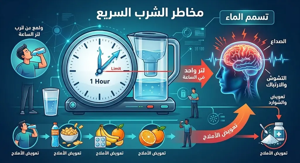 تصميم معلوماتي يحذر من مخاطر الشرب السريع للماء ويوضح أعراض تسمم الماء وأهمية تعويض الأملاح.