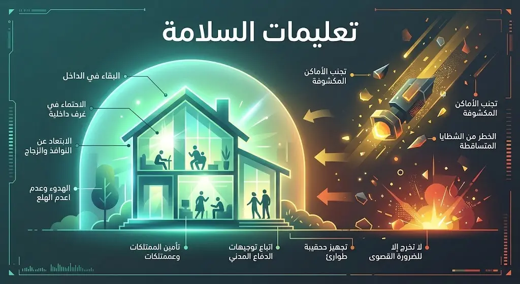 تصميم إرشادي يوضح تعليمات السلامة للوقاية من مخاطر الشظايا، يبرز أهمية البقاء في الأماكن المغلقة وتجنب المناطق المكشوفة.