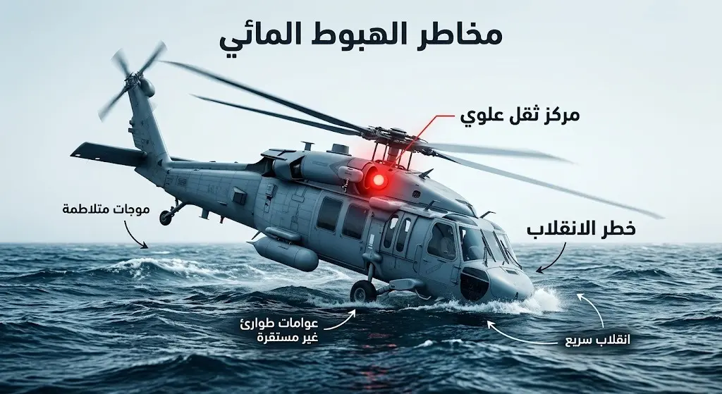 رسم توضيحي يشرح أسباب انقلاب المروحيات عند الهبوط على الماء بسبب مركز الثقل العلوي