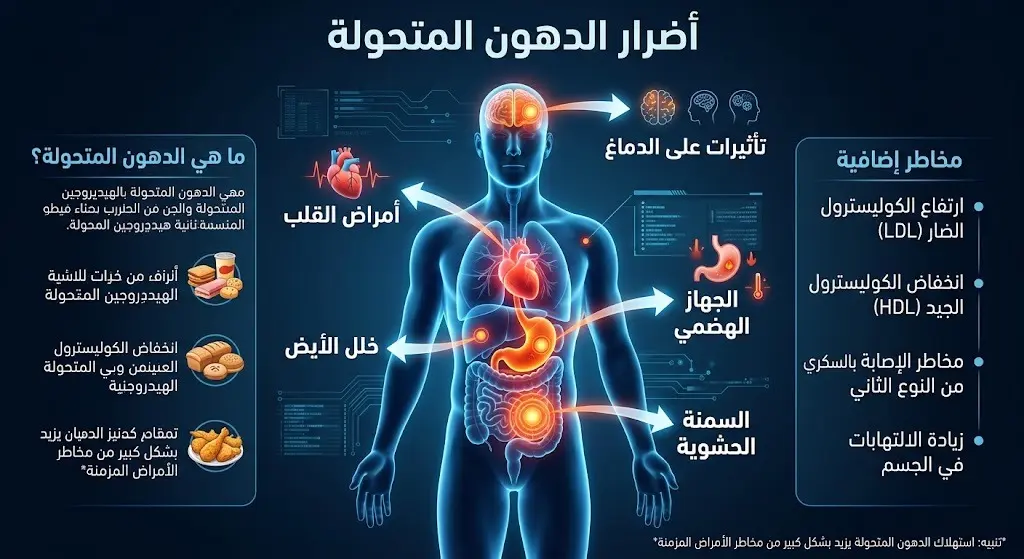 إنفوجرافيك طبي يوضح تأثير الدهون المتحولة على أعضاء الجسم المختلفة مثل القلب والجهاز الهضمي والدماغ.