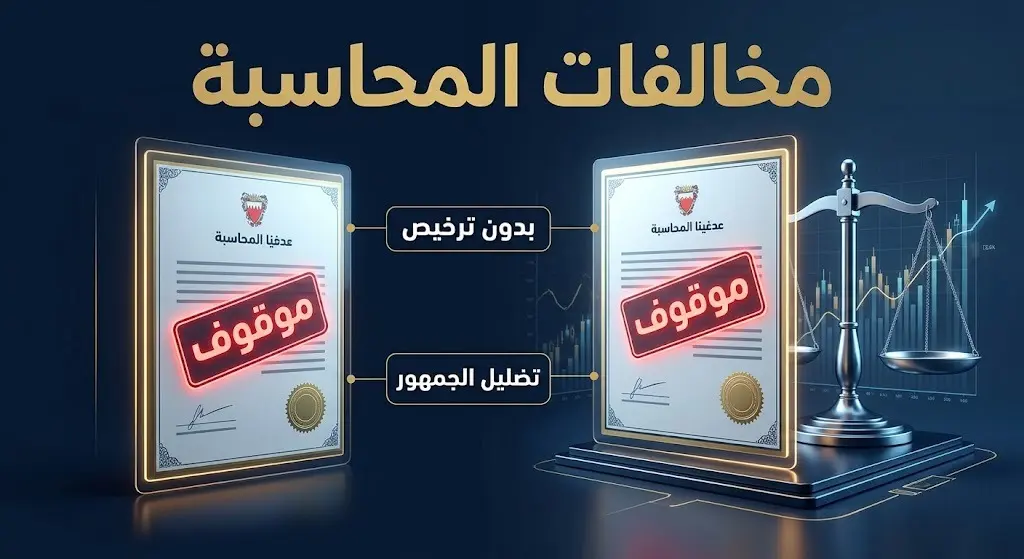 تصميم غرافيكي يوضح مخالفات نظام مهنة المحاسبة والمراجعة، مبرزاً مفاهيم مزاولة المهنة بدون ترخيص وتضليل الجمهور.