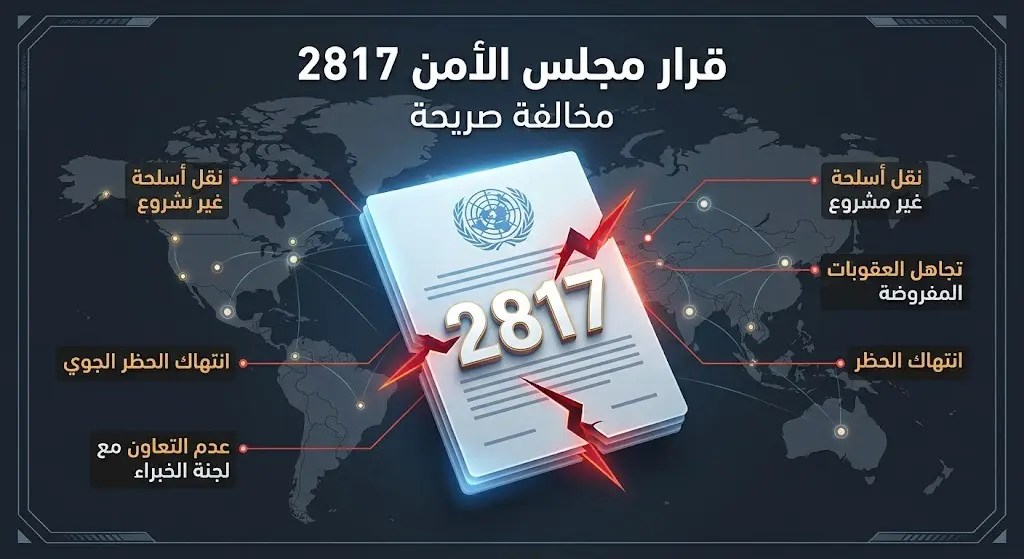 إنفوجرافيك احترافي يجسد وثيقة قرار مجلس الأمن 2817 وتخترقها خطوط حمراء تعبيرية دلالة على الانتهاكات والتجاوزات المستمرة.