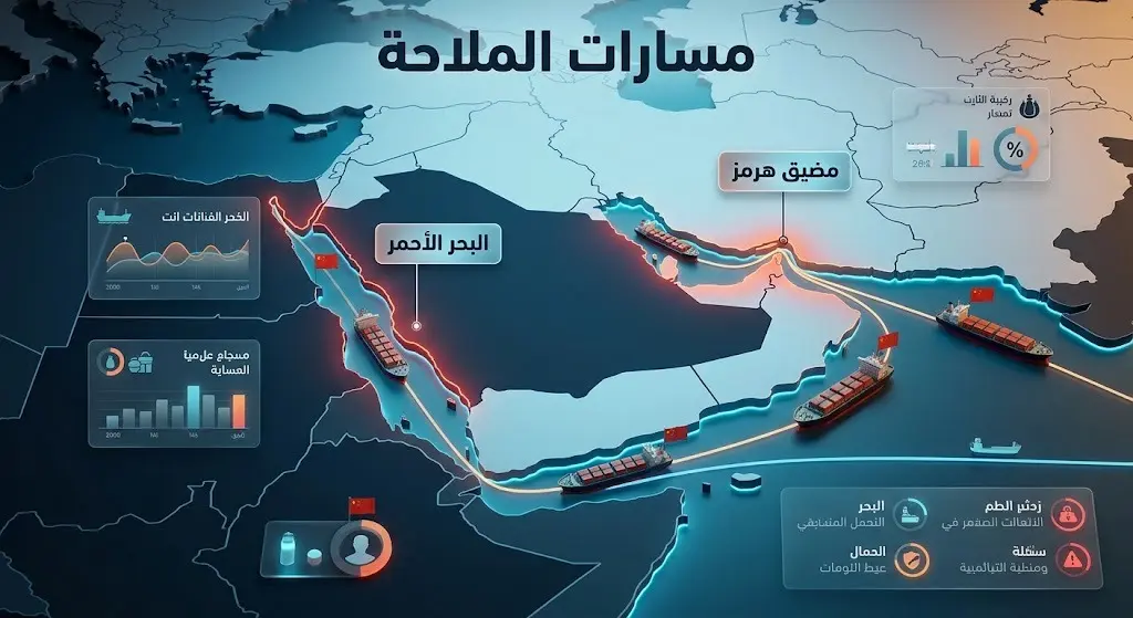 إنفوجرافيك ثلاثي الأبعاد يوضح خريطة مضيق هرمز والبحر الأحمر مع مسارات السفن التجارية الصينية المضاءة.