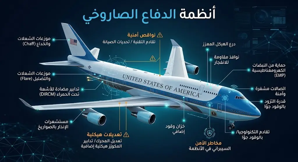 إنفوجرافيك يوضح التجهيزات الأمنية والتعديلات الهيكلية الخاصة بأنظمة الدفاع الصاروخي في الطائرة الرئاسية.